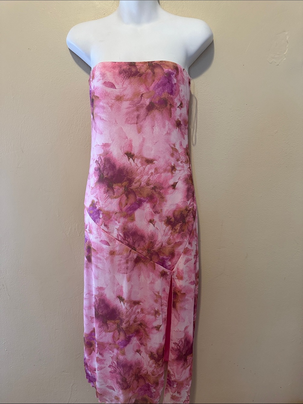 Caution To The Wind Strapless Pink & Brown Watercolor-Print Midi Dress